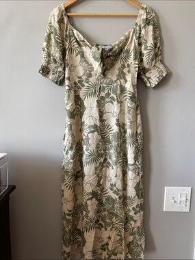 Mimi Chica Cotton Olive & Cream Tropical Maxi Dress with pockets romantic femini
